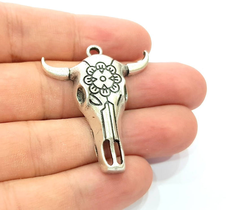 2 Ox Head Skull Pendant Silver Pendant Antique Silver Plated Pendant (42x35mm) G8918