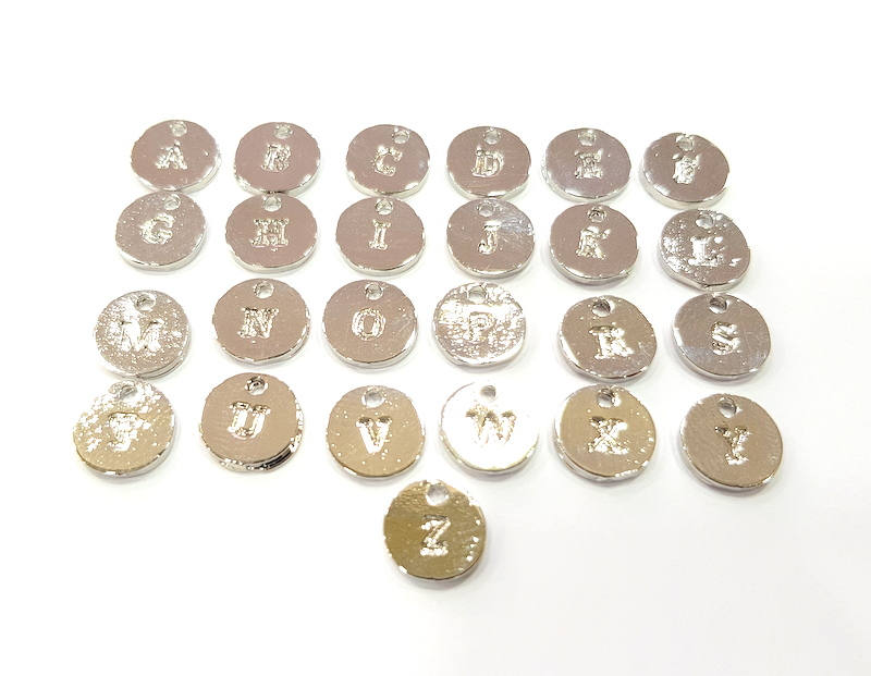 Alphabet Letter Charms Silver Alphabet Charms 10mm , Shiny Silver Plated Charms G9573