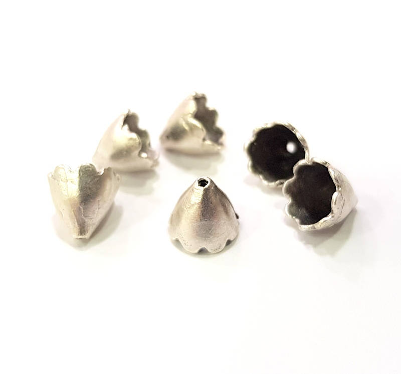 4 Silver Cone Findings Antique Silver Plated Brass  (9x8 mm)  G9582