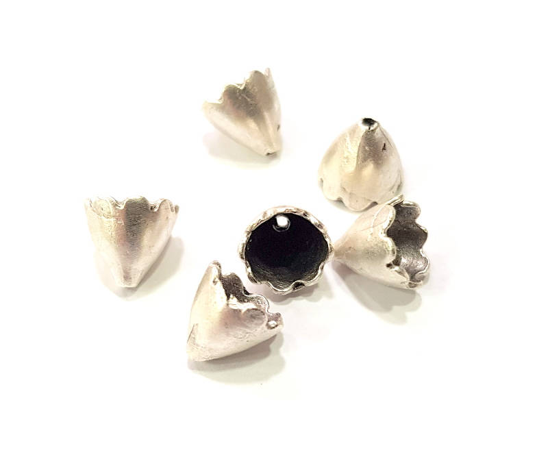4 Silver Cone Findings Antique Silver Plated Brass  (9x8 mm)  G9582