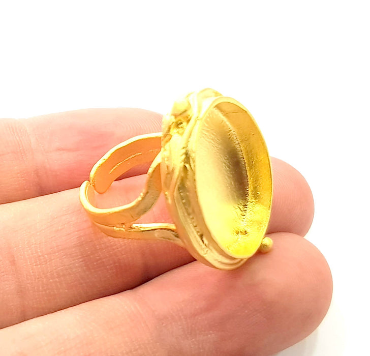 Gold Ring Blank inlay Ring Settings Mosaic Ring Bezel Base Cabochon Mountings Adjustable (25x18mm blank ) Gold Plated Brass G8977