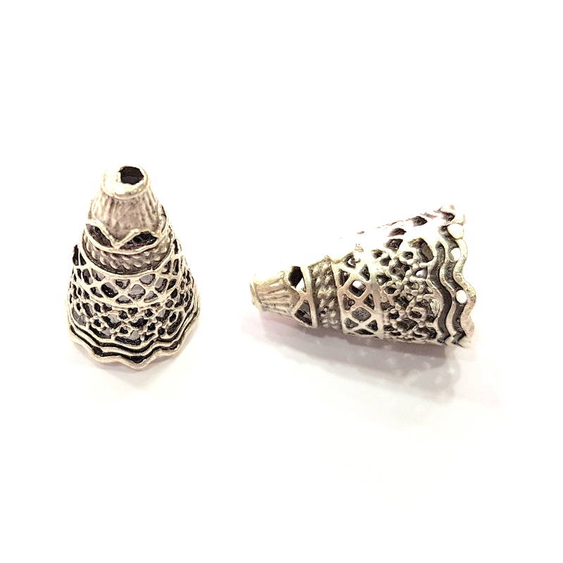 2 Silver Cone Findings Antique Silver Plated Brass  (23x16 mm)  G9624