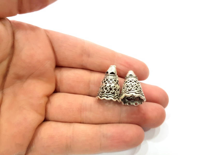 2 Silver Cone Findings Antique Silver Plated Brass  (23x16 mm)  G9624