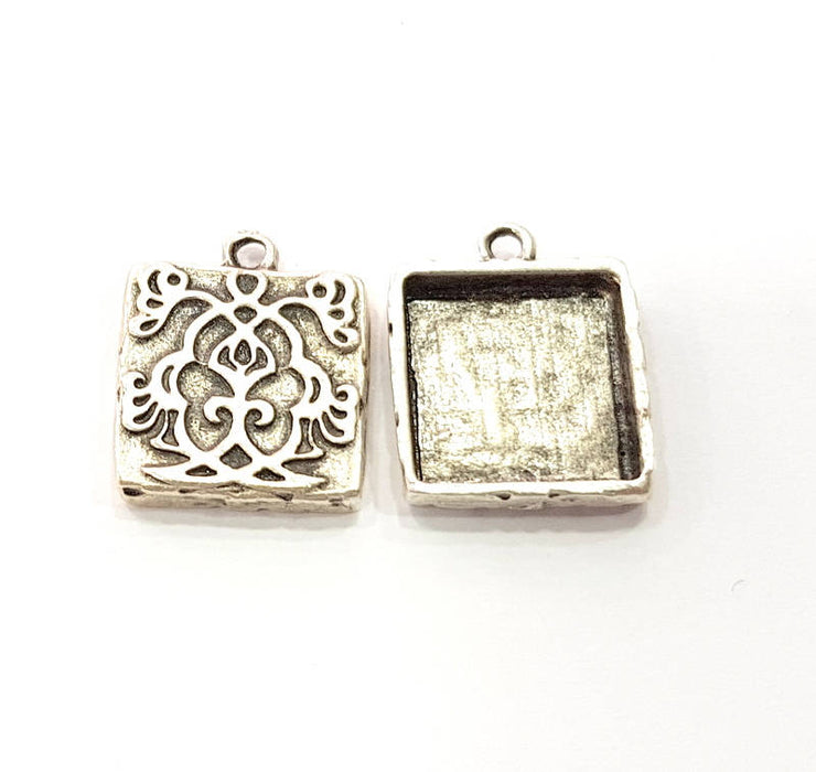 4 Silver Pendant Blank Bezel Base Setting Necklace Blank Resin Blank Mountings Antique Silver Plated  (17x17mm )  G8986