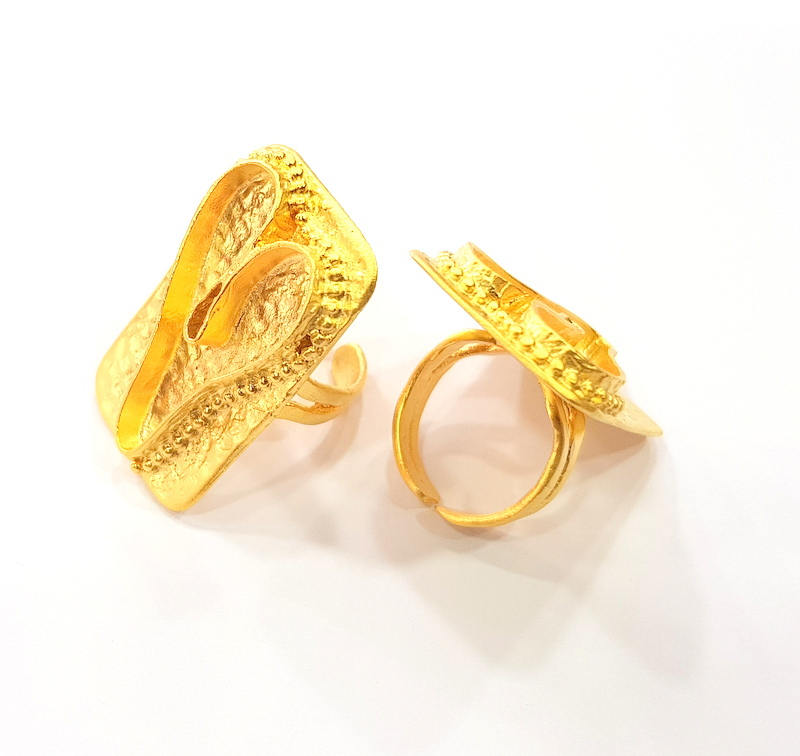 Gold Ring Blank inlay Ring Settings Mosaic Ring Bezel Base Cabochon Mountings Adjustable (33x20mm blank ) Gold Plated Brass G8987