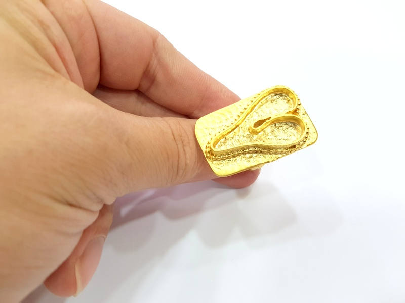 Gold Ring Blank inlay Ring Settings Mosaic Ring Bezel Base Cabochon Mountings Adjustable (33x20mm blank ) Gold Plated Brass G8987