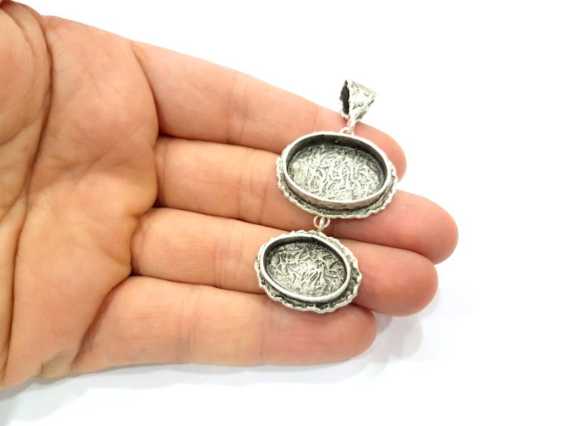 Silver Pendant Blank Resin Blank Mosaic Base Blank inlay Blank Necklace Blank Mountings Antique Silver Plated Brass (67x24mm )  G9718