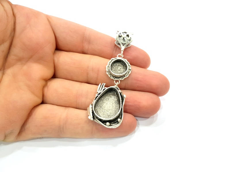 Silver Pendant Blank Resin Blank Mosaic Base Blank inlay Blank Necklace Blank Mountings Antique Silver Plated Brass (67x24mm )  G9719