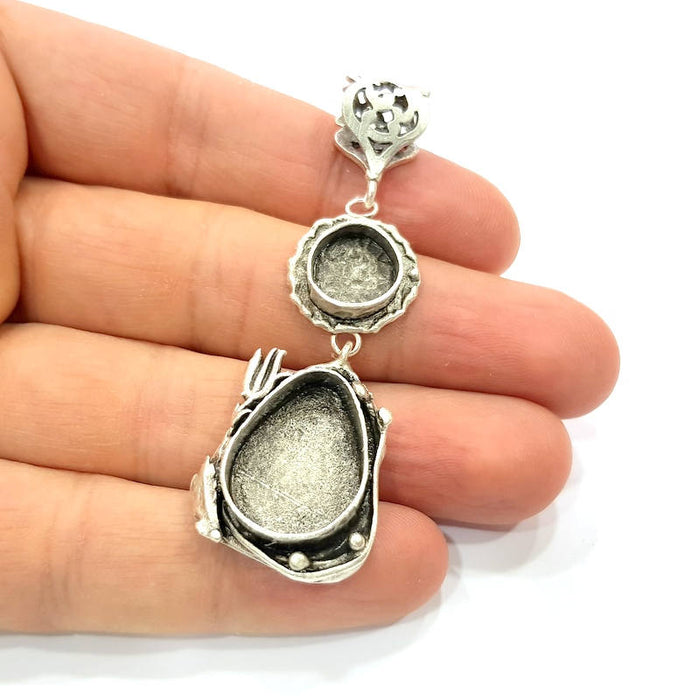 Silver Pendant Blank Resin Blank Mosaic Base Blank inlay Blank Necklace Blank Mountings Antique Silver Plated Brass (67x24mm )  G9719