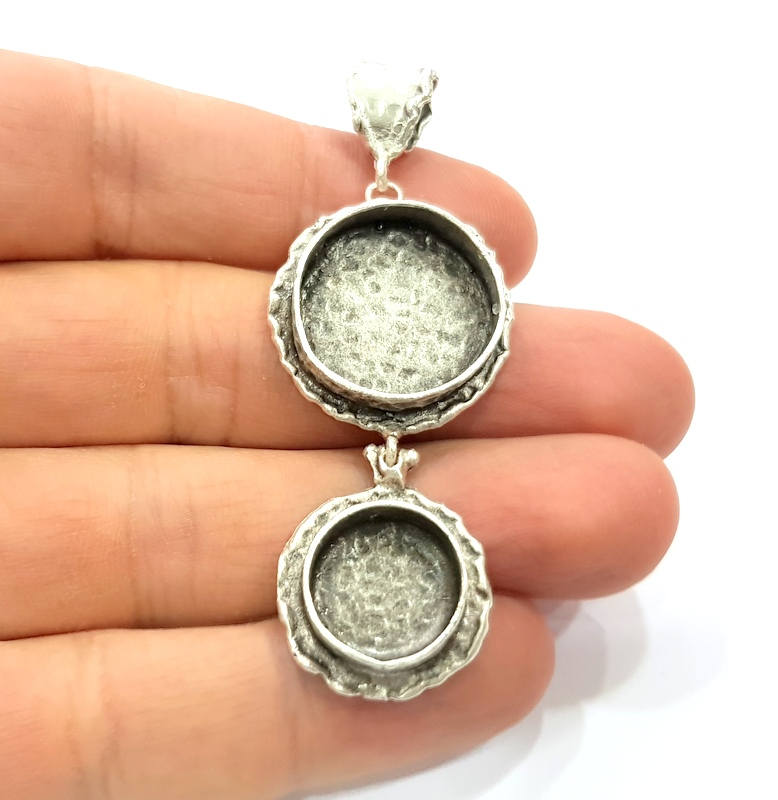 Silver Pendant Blank Resin Blank Mosaic Base Blank inlay Blank Necklace Blank Mountings Antique Silver Plated Brass (66x25mm )  G9722
