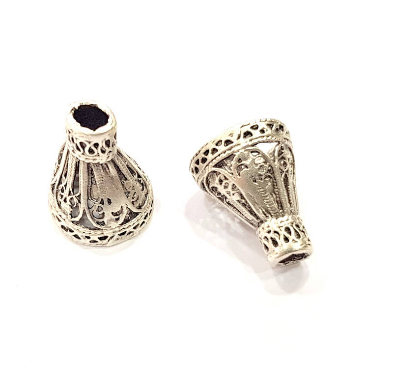 2 Silver Cone Findings Antique Silver Plated Brass  (16x13 mm)  G9724