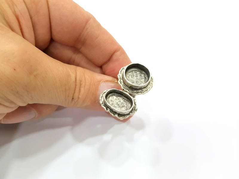 Silver Ring Setting Resin Ring Bezel Blank Cabochon Base Adjustable inlay Ring Mounting (14x10mm and 14mm) Antique Silver Plated Brass G9730