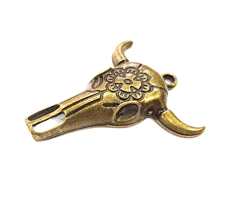 2 Ox Head Skull Pendant Antique Bronze Plated Pendant (52x44mm) G9021