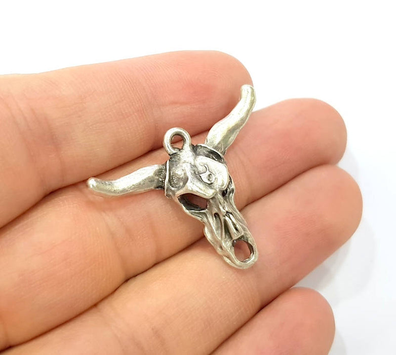 4 Silver Ox Head Skull Pendant Antique Silver Plated Pendant (36x26mm) G9023