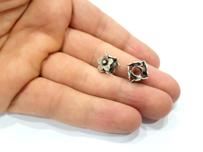 10 Silver Rondelle Beads Antique Silver Plated Brass Flower  Rondelle Beads 12mm  G9030