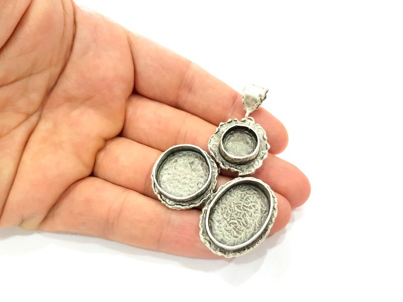 Silver Pendant Blank Mosaic Base Blank inlay Blank Necklace Blank Resin Blank Mountings Antique Silver Plated Brass ( 63x48mm )  G9043