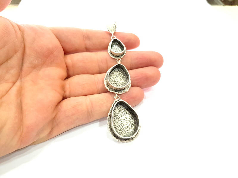 Silver Pendant Blank Resin Blank Mosaic Base Blank inlay Blank Necklace Blank Mountings Antique Silver Plated Brass (88x23mm )  G9053