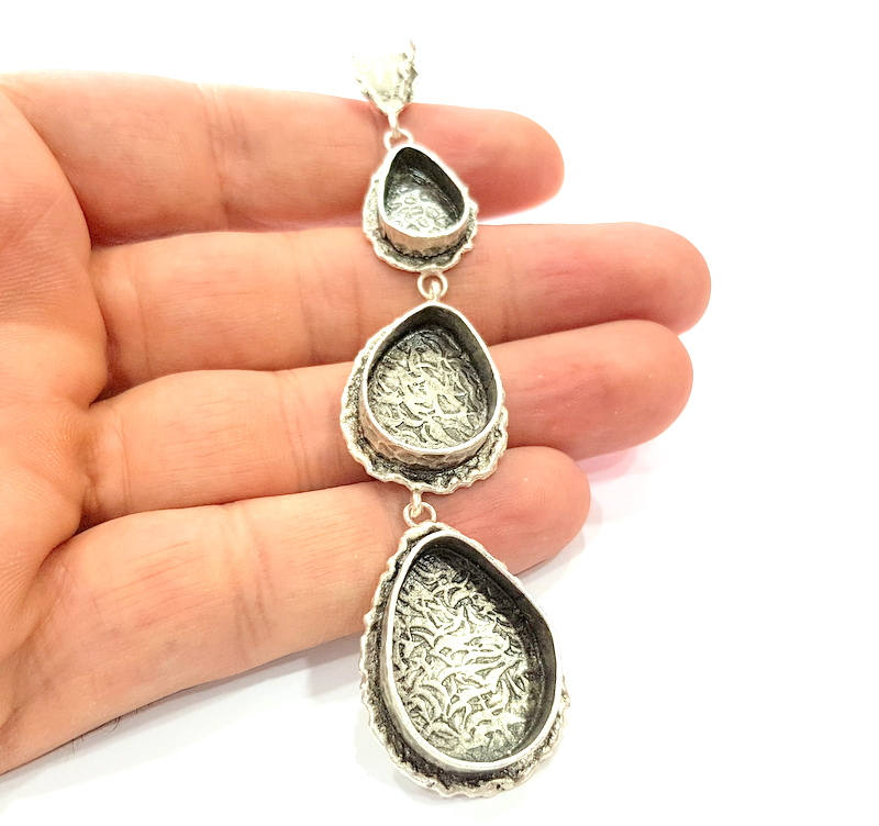 Silver Pendant Blank Resin Blank Mosaic Base Blank inlay Blank Necklace Blank Mountings Antique Silver Plated Brass (88x23mm )  G9053