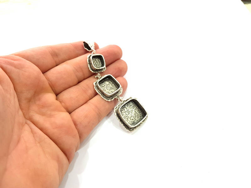 Silver Pendant Blank Resin Blank Mosaic Base Blank inlay Blank Necklace Blank Mountings Antique Silver Plated Brass (89x26mm )  G9056