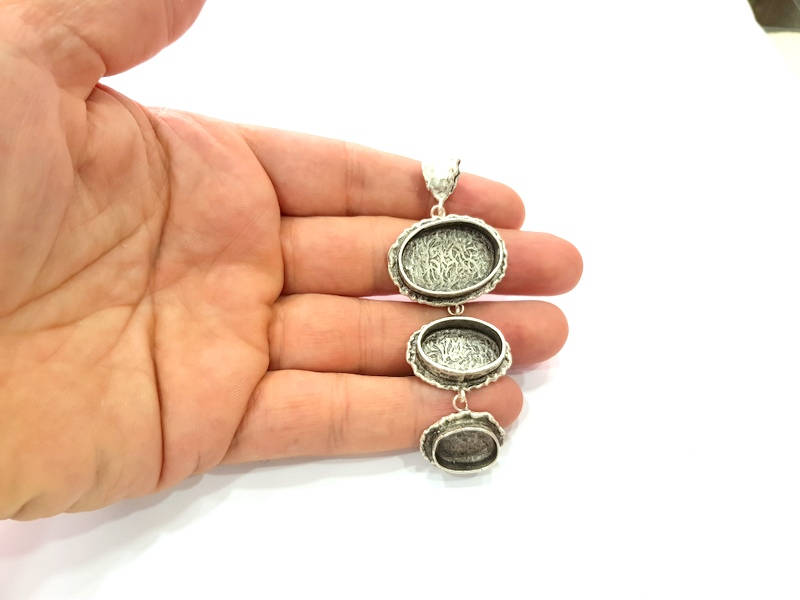 Silver Pendant Blank Resin Blank Mosaic Base Blank inlay Blank Necklace Blank Mountings Antique Silver Plated Brass (83x31mm )  G9058