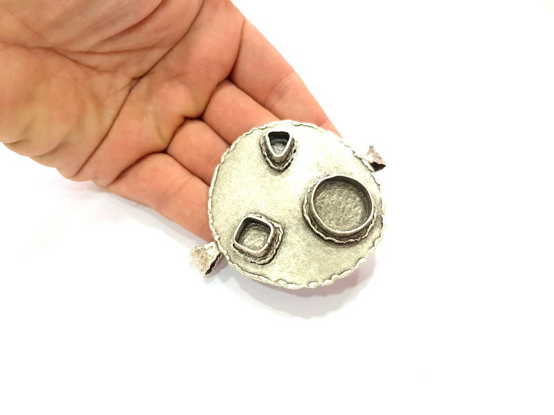 Silver Pendant Blank Resin Blank Mosaic Base Blank inlay Blank Necklace Blank Mountings Antique Silver Plated Brass (83x69mm )  G9063