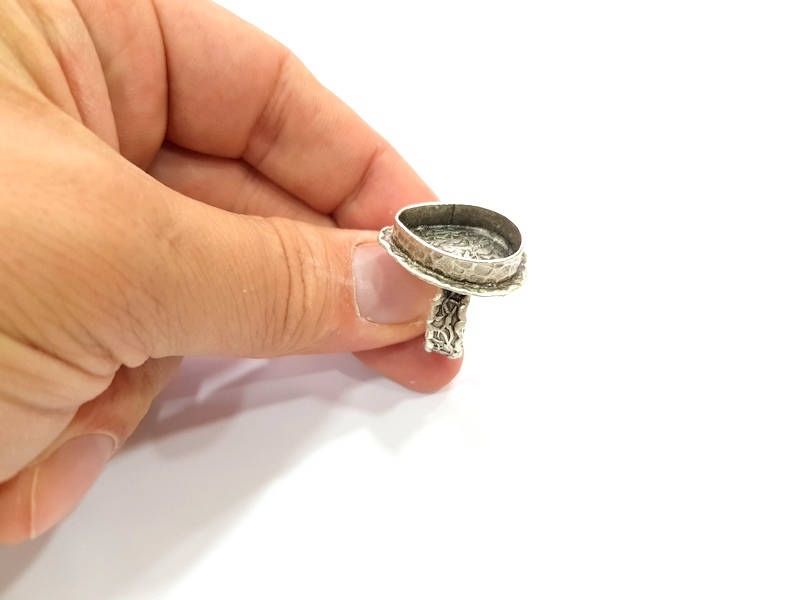 Silver Ring Setting Blank Resin Ring Cabochon Base inlay Ring Mounting Adjustable Ring Base Bezel (20x15mm)Antique Silver Plated Brass G9854