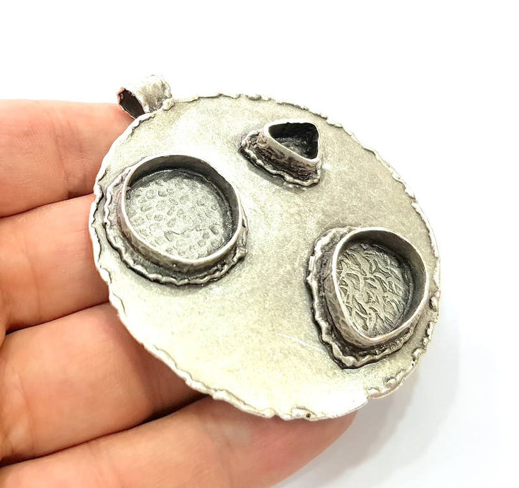 Silver Pendant Blank Resin Blank Mosaic Base Blank inlay Blank Necklace Blank Mountings Antique Silver Plated Brass (83x69mm )  G9080