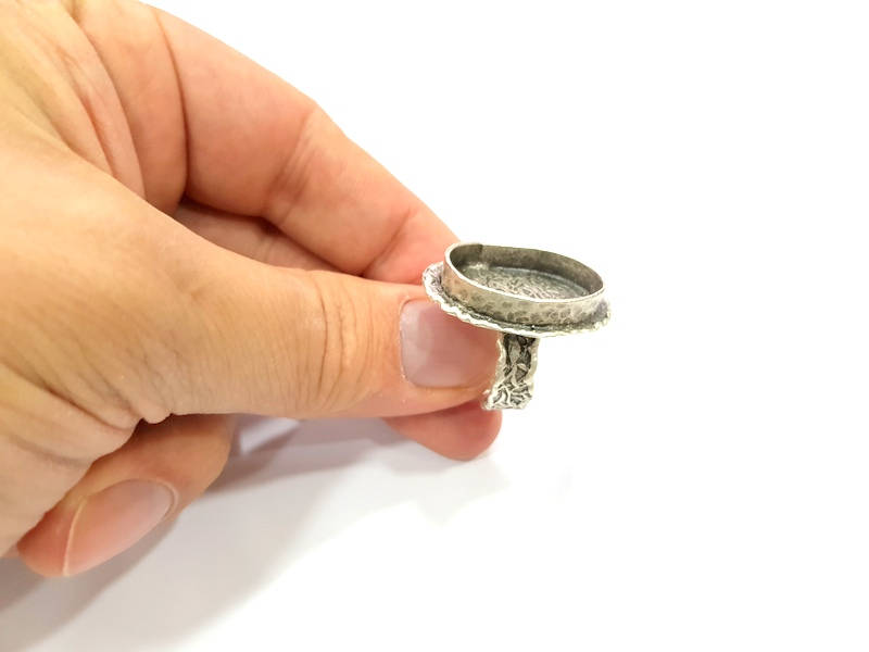 Silver Ring Setting Resin Ring Blank Cabochon Base inlay Ring Mounting Adjustable Ring Base Bezel (25x18mm)Antique Silver Plated Brass G9113