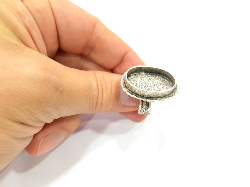 Silver Ring Setting Resin Ring Blank Cabochon Base inlay Ring Mounting Adjustable Ring Base Bezel (25x18mm)Antique Silver Plated Brass G9113