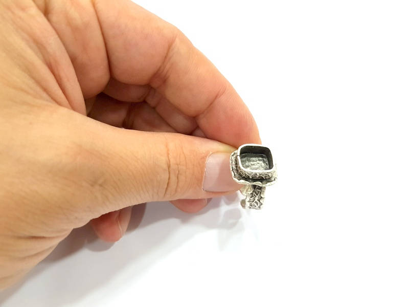 Silver Ring Setting Resin Ring Blank Cabochon Base inlay Ring Mounting Adjustable Ring Base Bezel (10x10mm)Antique Silver Plated Brass G9118