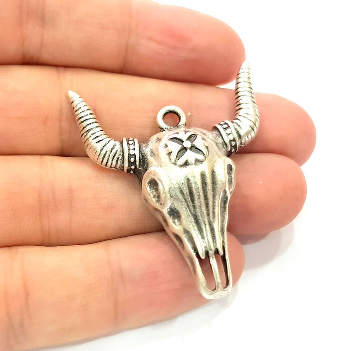 Silver Ox Head Skull Pendant Antique Silver Plated Pendant (46x38mm) G9434