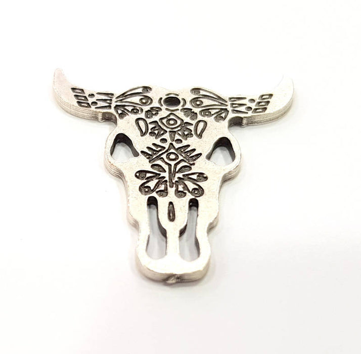 4 Silver Ox Head Skull Pendant Antique Silver Plated Pendant (33x32mm) G9790