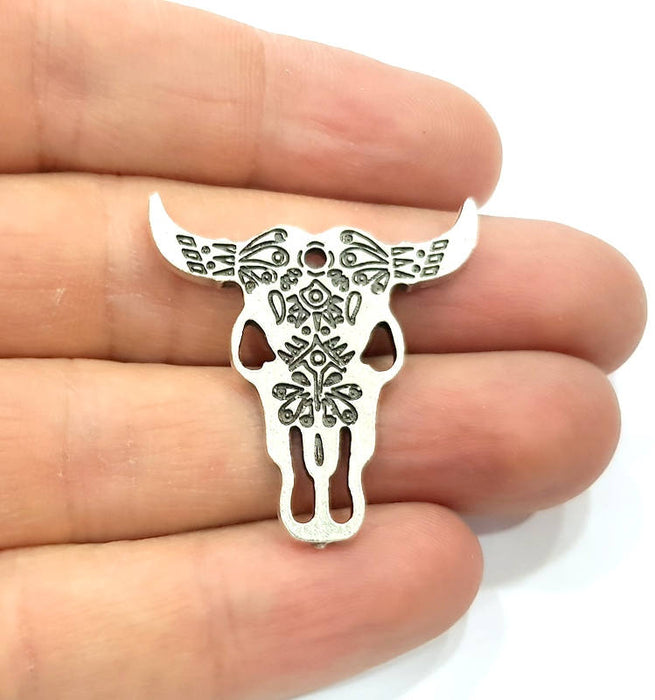 4 Silver Ox Head Skull Pendant Antique Silver Plated Pendant (33x32mm) G9790