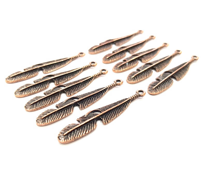 10 Feather Charm Antique Copper Charm Antique Copper Plated Charm (41x7mm) G9810
