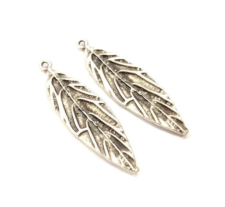 2 Leaf Charms Silver Charms Antique Silver Plated Charms (46x13mm) G9979