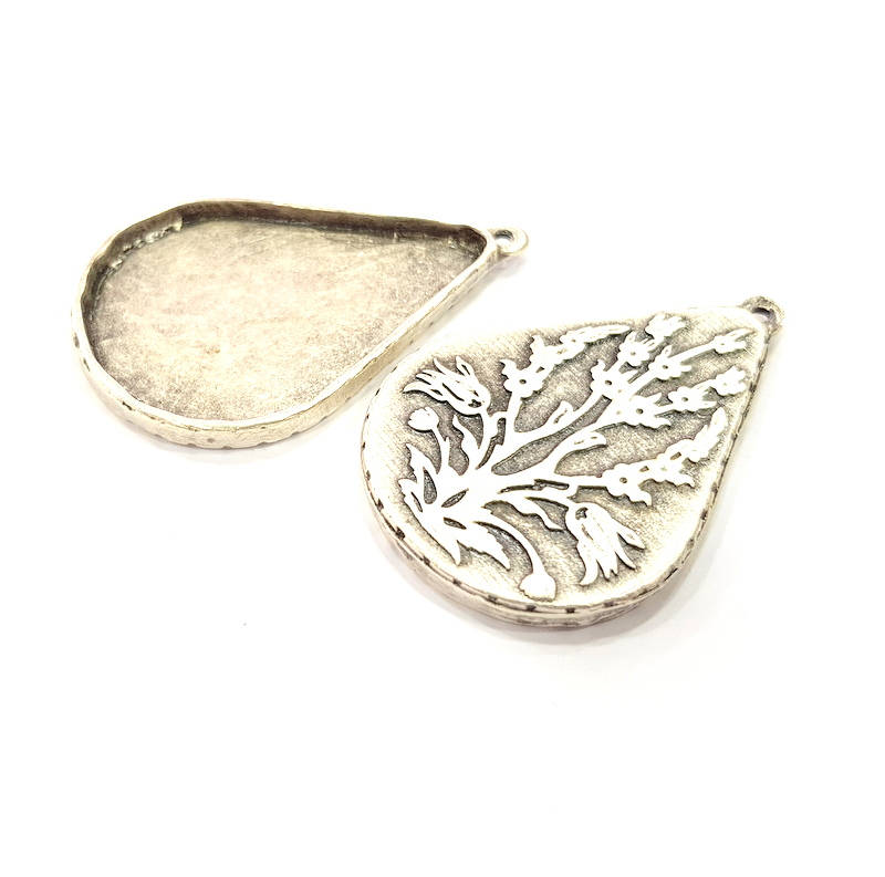 2 Silver Pendant Blank Bezel Base Setting inlay Blank Necklace Blank Resin Blank Mountings Antique Silver Plated  (40x28mm blank )  G10027