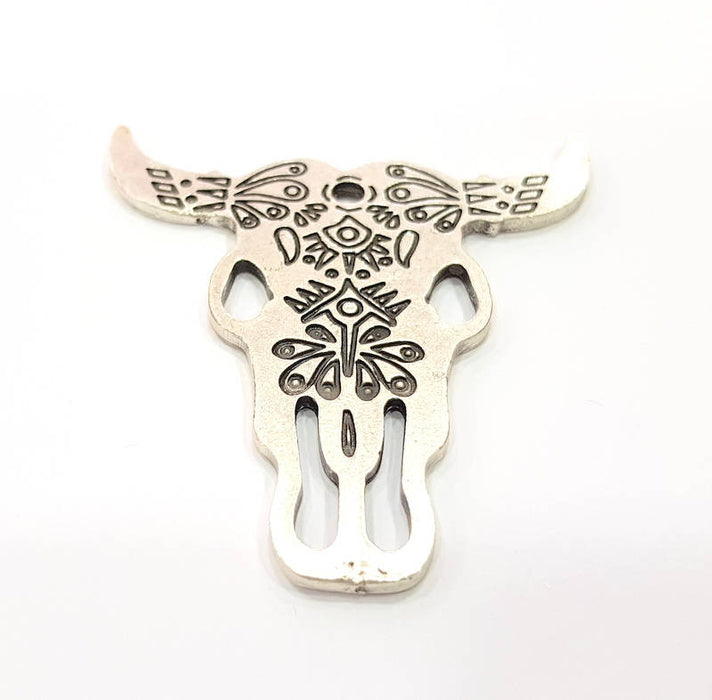 Silver Large Ox Head Skull Pendant Antique Silver Plated Pendant (75x70mm) G10035