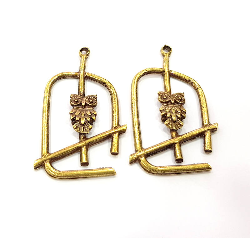 2 Owl Charm Antique Bronze Plated Pendant (52x29mm) G10061