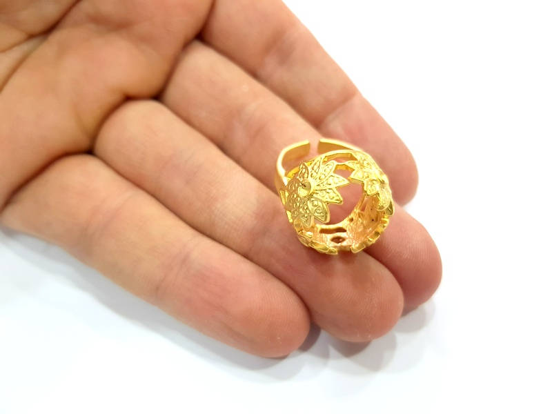 Gold Ring Blank Ring Settings Ring Bezel Base Cabochon Mountings Adjustable  (12mm  blank ) Gold Plated Brass G10231