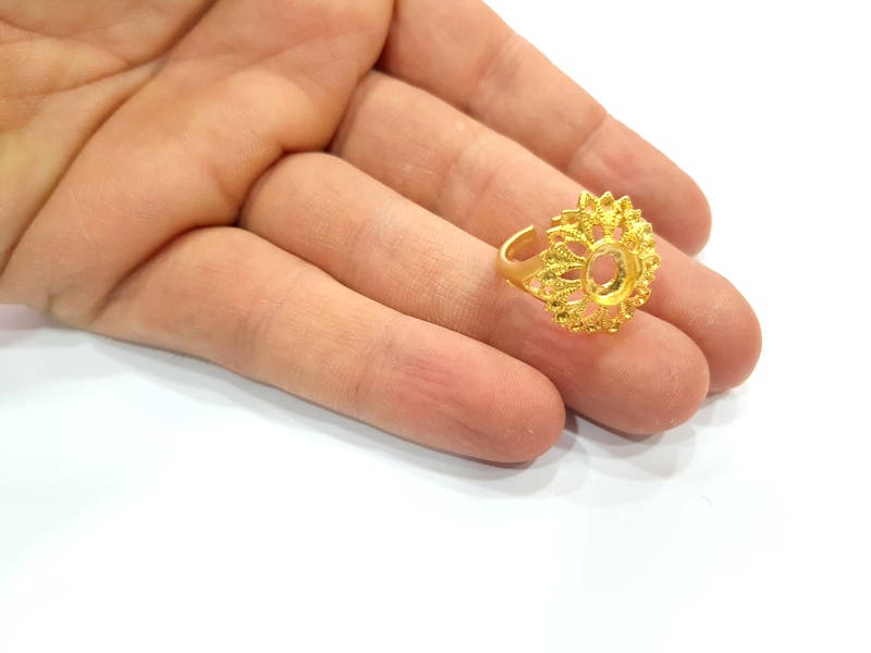 Gold Ring Blank Ring Settings Ring Bezel Base Cabochon Mountings Adjustable  (8x6mm and 2mm blank ) Gold Plated Brass G10251