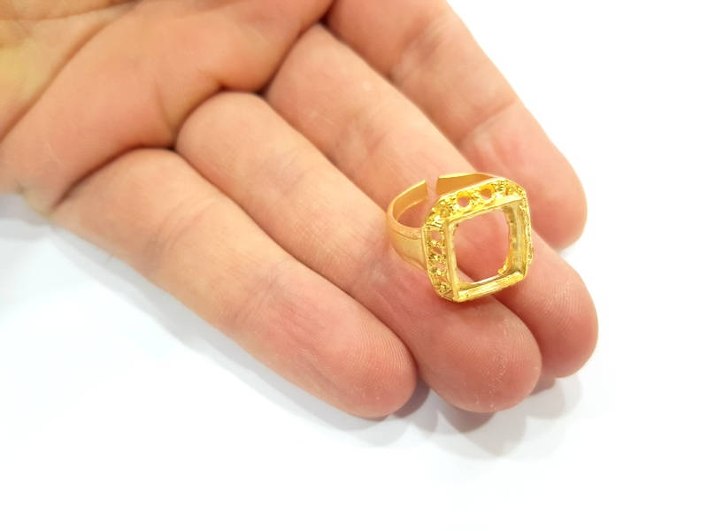 Gold Ring Blank Ring Settings Ring Bezel Base Cabochon Mountings Adjustable  (12x10mm and 2mm blank ) Gold Plated Brass G10252