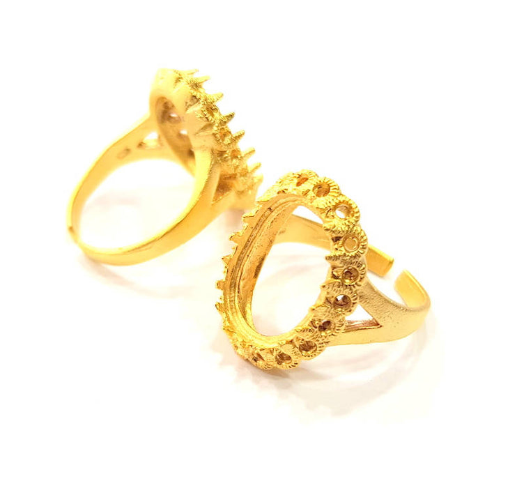 Gold Ring Blank Ring Settings Ring Bezel Base Cabochon Mountings Adjustable  (16x10mm and 2mm blank ) Gold Plated Brass G10255