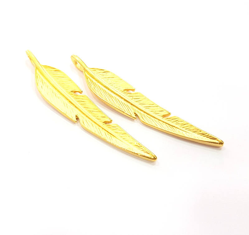 2 Feather Charm Gold Charm Gold Plated Charms  (67x12mm)  G10268