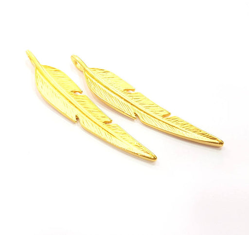2 Feather Charm Gold Charm Gold Plated Charms  (67x12mm)  G10268