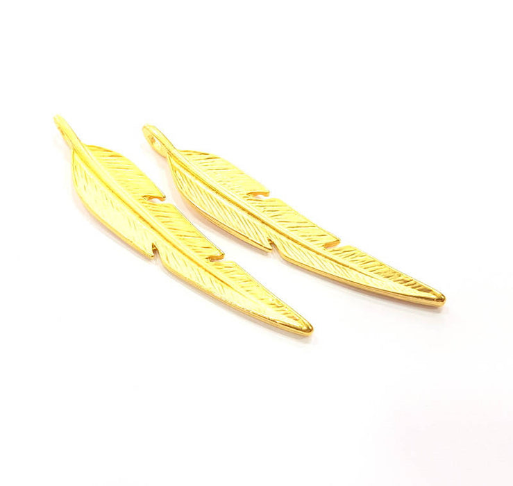 2 Feather Charm Gold Charm Gold Plated Charms  (67x12mm)  G10268