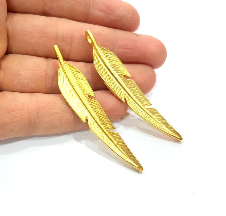 2 Feather Charm Gold Charm Gold Plated Charms  (67x12mm)  G10268