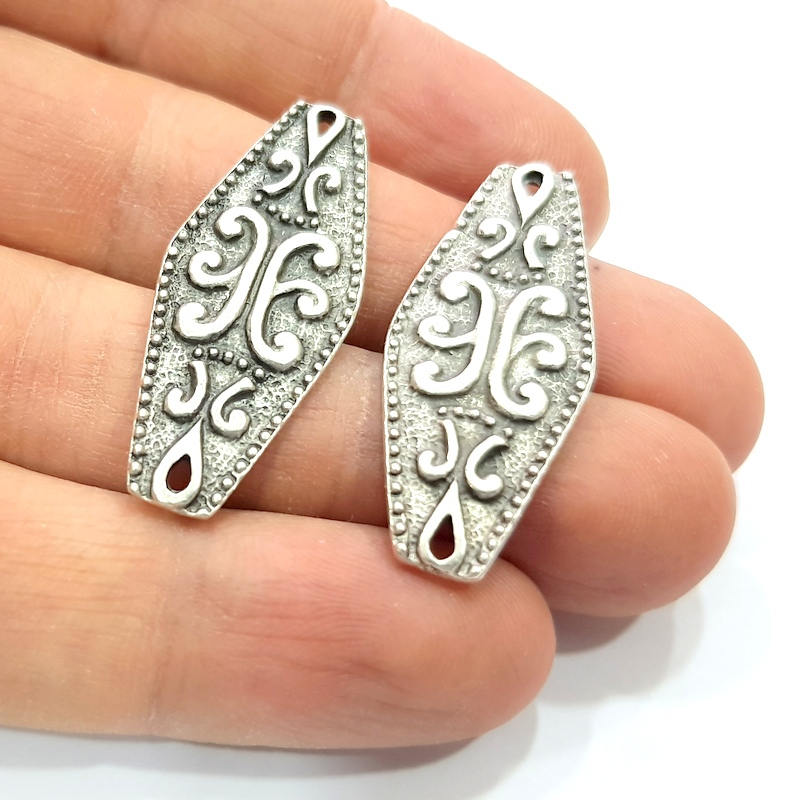 4 Silver Patterned Connector Charms Antique Silver Plated Charms (38x15mm) G14385