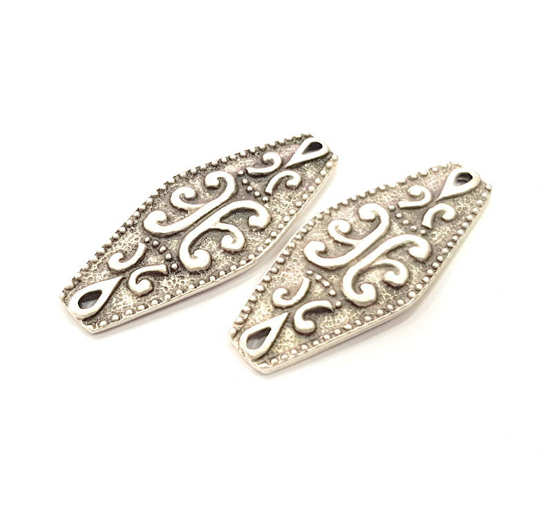 4 Silver Patterned Connector Charms Antique Silver Plated Charms (38x15mm) G14385