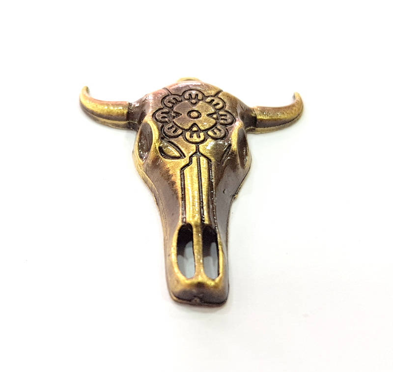 2 Ox Head Skull Pendant Antique Bronze Plated Pendant (41x35mm) G9341