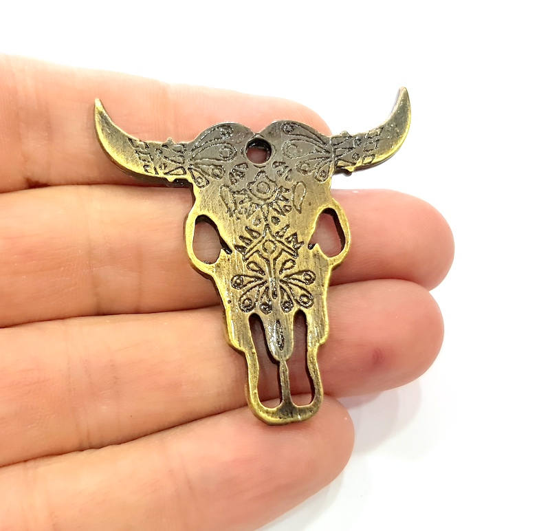 Ox Head Skull Pendant Antique Bronze Plated Pendant (47x47mm) G9346